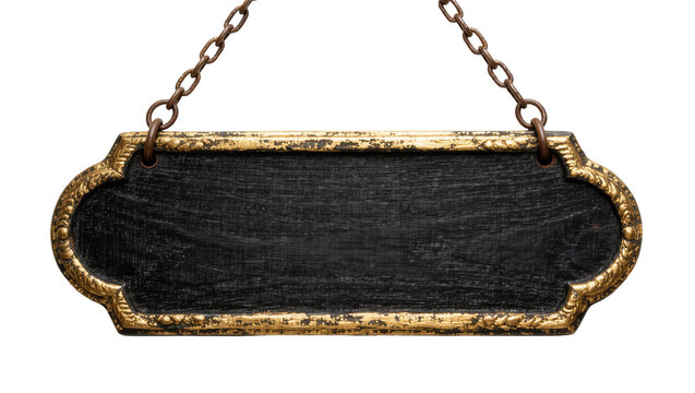 Ornate black wooden sign with distressed gold frame hanging from metal chains