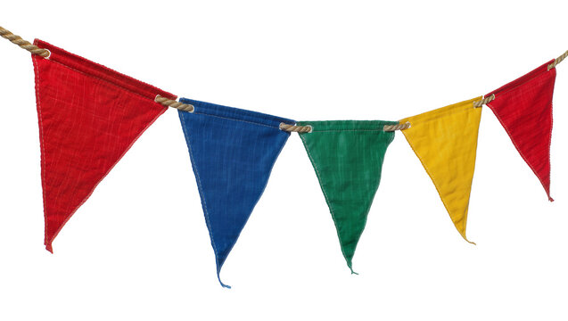 Colorful fabric bunting flags strung on rope, isolated on transparent background