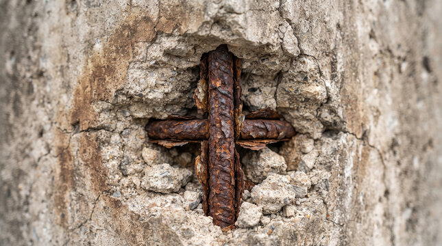 Close up of corroded rusty rebar exposed inside damaged cracked concrete column, concrete spalling destruction structural failure defect building foundation inspection.