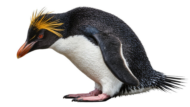 Rockhopper penguin with yellow crest and orange beak, isolated on transparent background