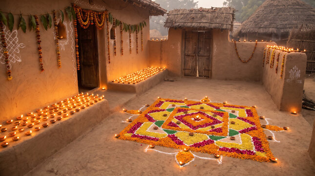 Rural Indian Home Entrance Illuminated with Clay Diyas