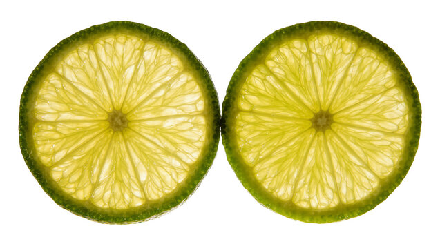 Two fresh translucent lime slices with vibrant green rind and juicy pulp