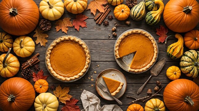 Autumn harvest still life with pumpkin pie and assorted pumpkins on wood