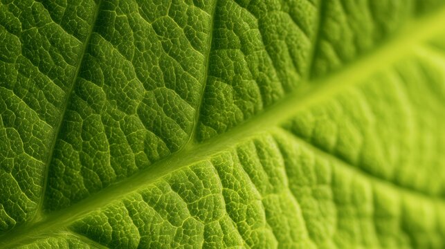 Fresh green leaf texture with detailed veins and diagonal lines, captured in bright selective focus with vivid spring colors, creating a natural organic background for botanical eco friendly designs