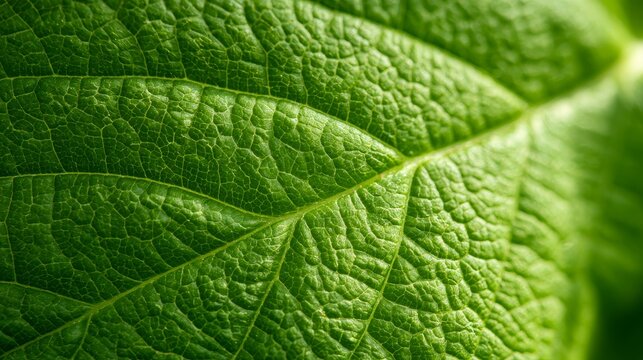 Fresh green leaf texture with detailed veins and diagonal lines, captured in bright selective focus with vivid spring colors, creating a natural organic background for botanical eco friendly designs