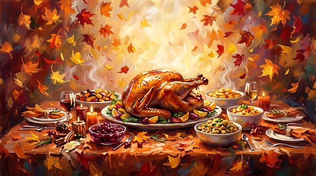 Festive thanksgiving dinner table with roasted turkey and autumn decorations