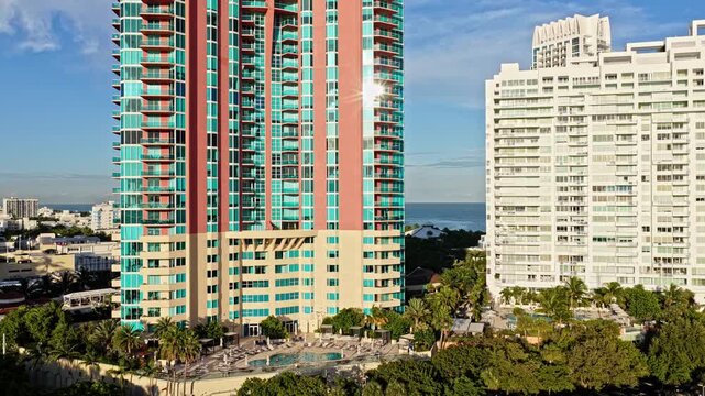 Seaside architecture. Aerial view on south pointe park. Landscape aerial of Miami skyscraper architecture. Luxury skyscraper in Florida. Miami south beach aerial view. Landscape of Miami south beach