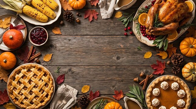 Festive thanksgiving feast with roasted turkey and autumn harvest on wooden table