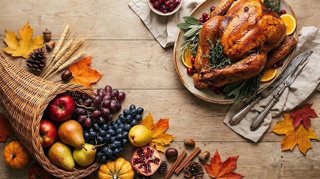 Festive thanksgiving feast overhead view with roasted turkey and autumn produce