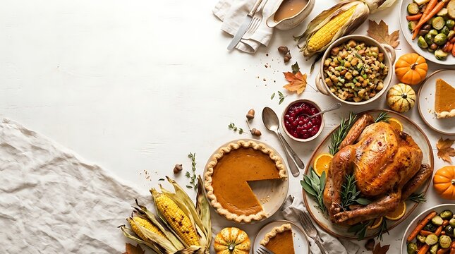 Festive thanksgiving dinner spread with roasted turkey and autumn harvest foods