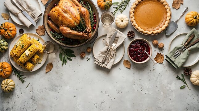 Festive thanksgiving feast laid out on a white marble tabletop