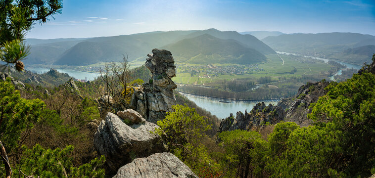 Panoramic view of bizarre rock formation on Don Bosco ridge overlooking Danube river valley in Wachau Austria