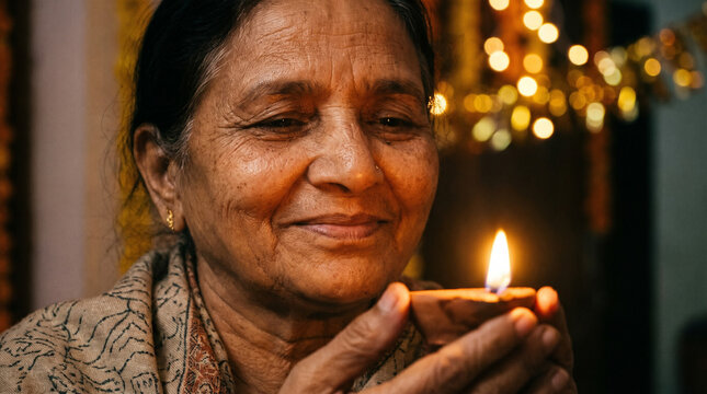 Indian Adult Holding a Glowing Diya During Diwali