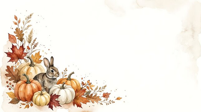 Watercolor autumn corner with pumpkins leaves and a cute white rabbit illustration