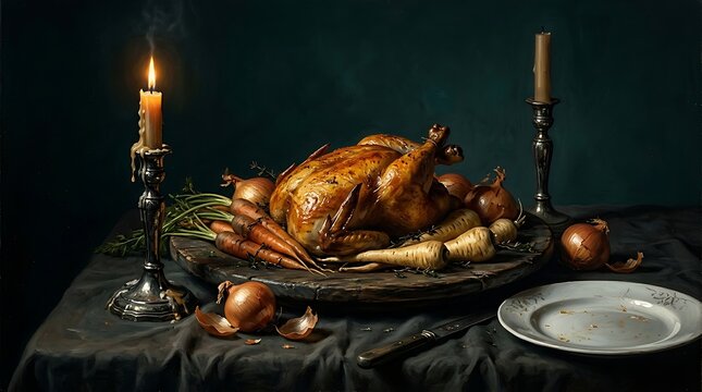 Roasted chicken with vegetables and burning candle in dark moody lighting