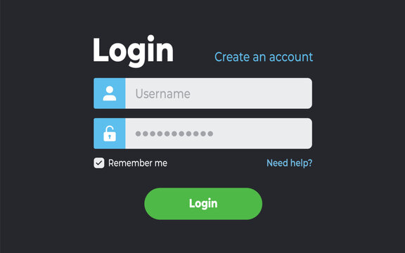 Dark Login Form, account access interface featuring username and password fields with blue icons plus a remember me checkbox and a green sign in button for websites