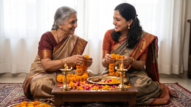 Grandmother Teaching Traditional Festival Customs to Her Granddaughter