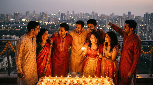 Young Indian Friends Celebrating Diwali on a Rooftop