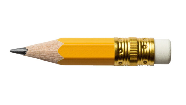 Short yellow wooden pencil with a pink rubber eraser and metallic ferrule