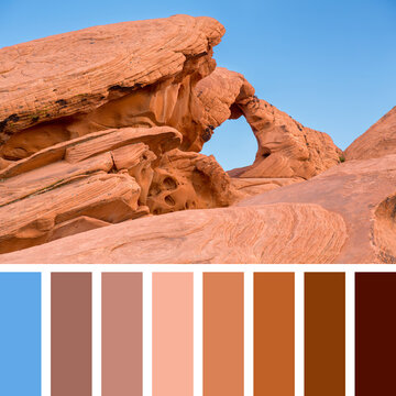 A stone arch in the Valley of Fire, Las Vegas, Nevada. Set in a warm desert colour palette with complimentary colour swatches of terracotta, coral and blue tones.