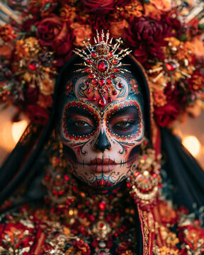 mysterious woman with traditional mexican sugar skull makeup, ornate floral headdress, roses and burning candles celebrating dia de los muertos, cultural posters, festival invitations and halloween