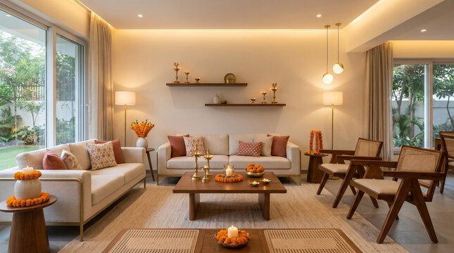 Luxury Indian Home Decor with Brass Diyas and Marigold Flowers