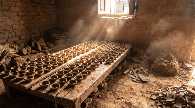Rows of Unpainted Clay Diyas Made for Deepavali