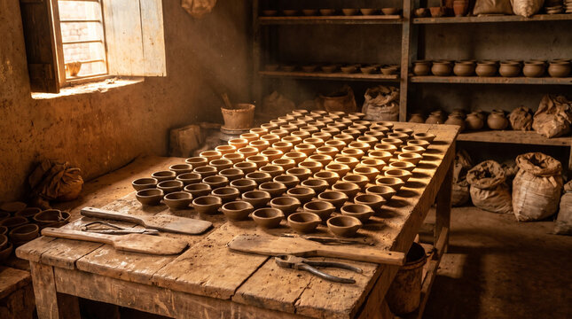 Traditional Earthen Oil Lamps Drying in an Indian Pottery Workshop