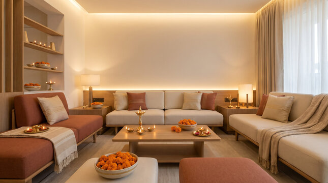Elegant Contemporary Home Interior with Festive Diwali Lamps