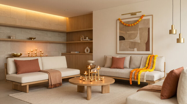 Modern Indian Living Room Decorated for Diwali