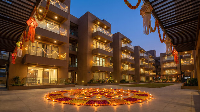 Modern Indian Apartment Complex Decorated for Diwali