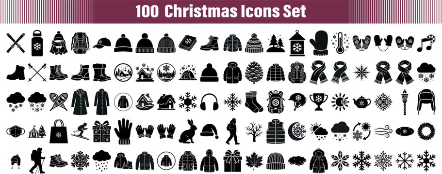 Black and White Christmas Holiday Season Flat Icons Set Transparent Background