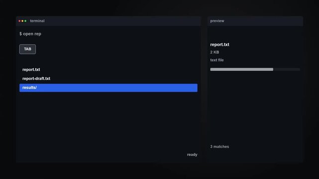 Command Line Interface Animation Highlighting Tab Completion and File Preview Functionality in Dark Theme