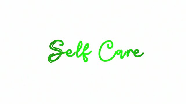 Self Care One line continuous art typography intro outro animation, calligraphy drawing monoline vintage text on background, animated lettering video, mindfulness green type on white background bg bac