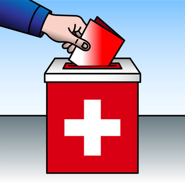 Switzerland, ballot box, flag and hand inserting a ballot paper into a ballot box, vector illustration