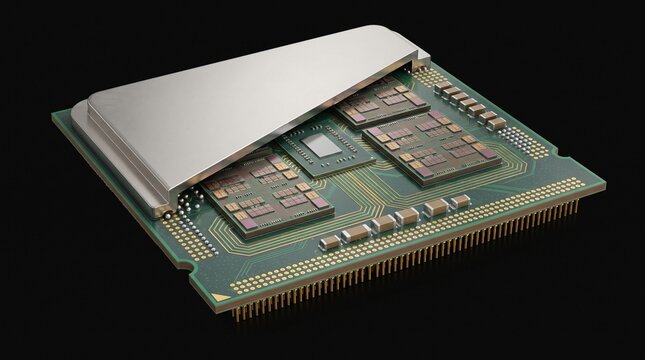 Modern multi chiplet CPU package cross section with lifted heat spreader and exposed dies.