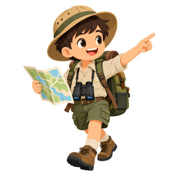 Cute Kid Explorer Traveler with Backpack and Adventure Gear Flat Vector Illustration