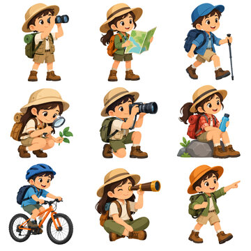 Cute Kid Explorer Traveler with Backpack and Adventure Gear Flat Vector Illustration