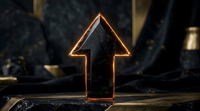 Glowing black arrow symbol pointing upwards on a dark textured background with gold accents.