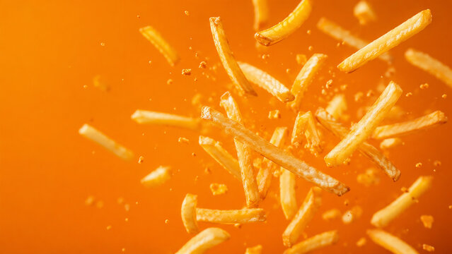 Dynamic Action Shot Of Crispy French Fries Floating In The Air