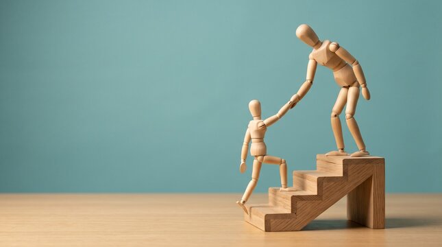 Wooden mannequins helping each other climb stairs