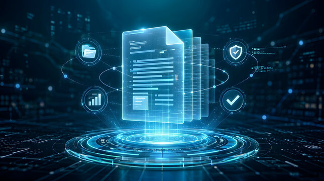 Futuristic digital document management system with glowing hologram paper sheets floating on a high-tech platform, representing secure cloud storage, paperless office, and data encryption.