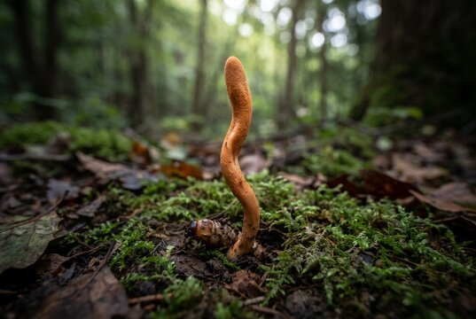 森の湿った地面に自生する野生の冬虫夏草。昆虫から生える神秘的なキノコのクローズアップ