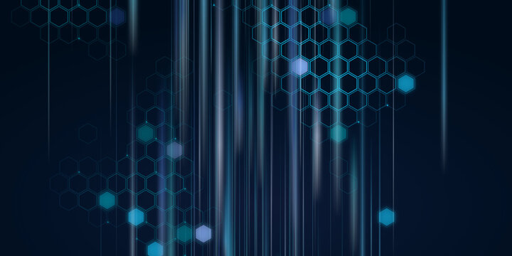 Glowing digital technology background with vertical light rays. Blue hexagon honeycomb grid overlays glowing blurred streaks.