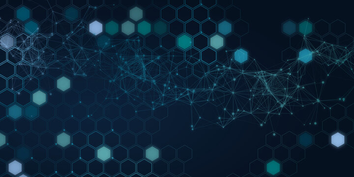 Abstract digital network technology background. Glowing cyan hexagons connect with plexus lines and dots on dark blue. Modern futuristic web banner layout.