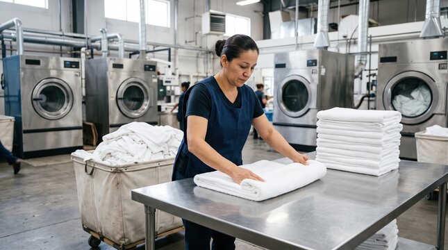 Worker folding linens in a busy commercial laundry