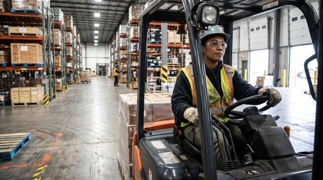 Female Forklift Operator Working in a Busy Warehouse