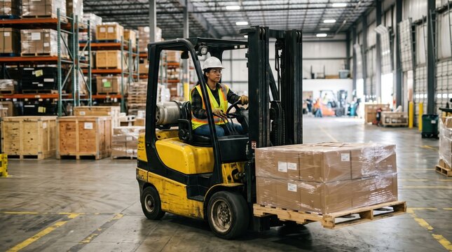 Warehouse worker operates forklift carrying boxes