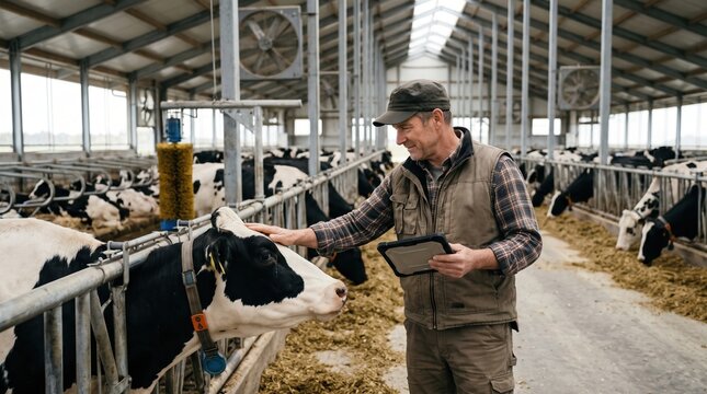 Farmer checking cows with tablet on dairy farm