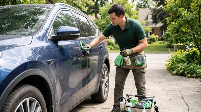 Professional car detailer cleaning SUV exterior